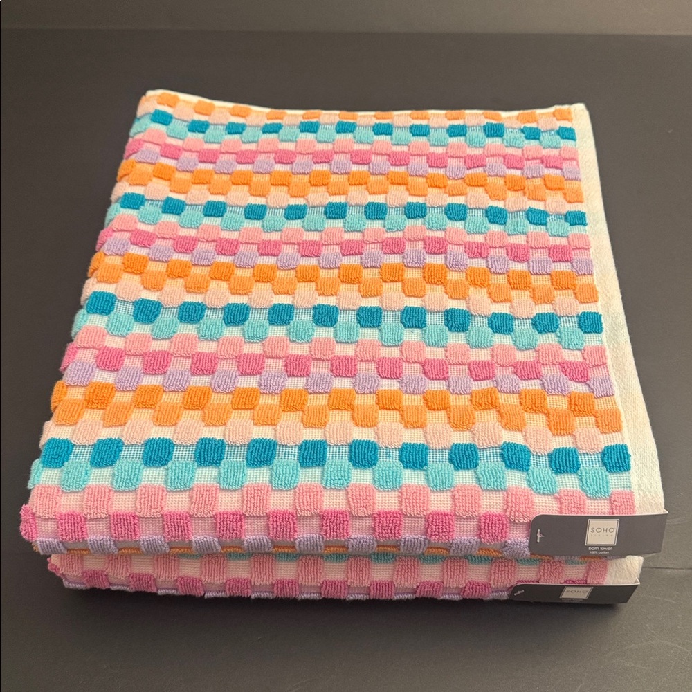 SOHO LIVING 2pc Bath Towel Set - 100% Cotton - BURTON SQUARES - MULTIBRIT